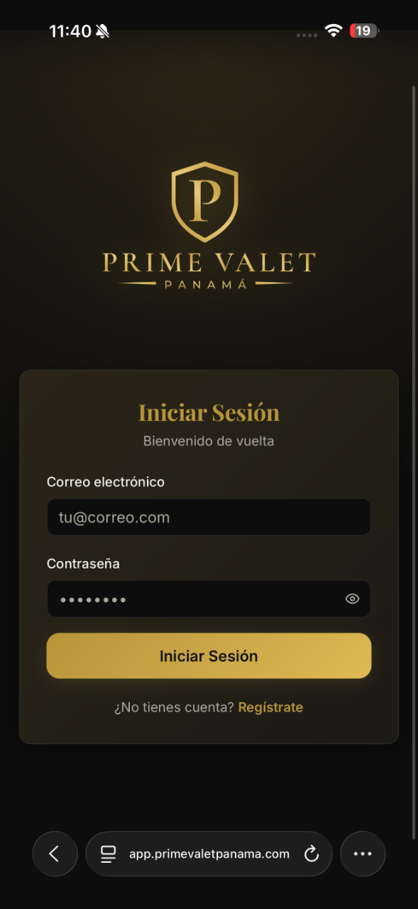 Pantalla de inicio de sesión de la app Prime Valet
